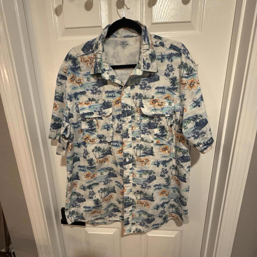 IZOD Saltwater Shirt Men XL Blue Hawaiian Short Sleeve Performance Vented